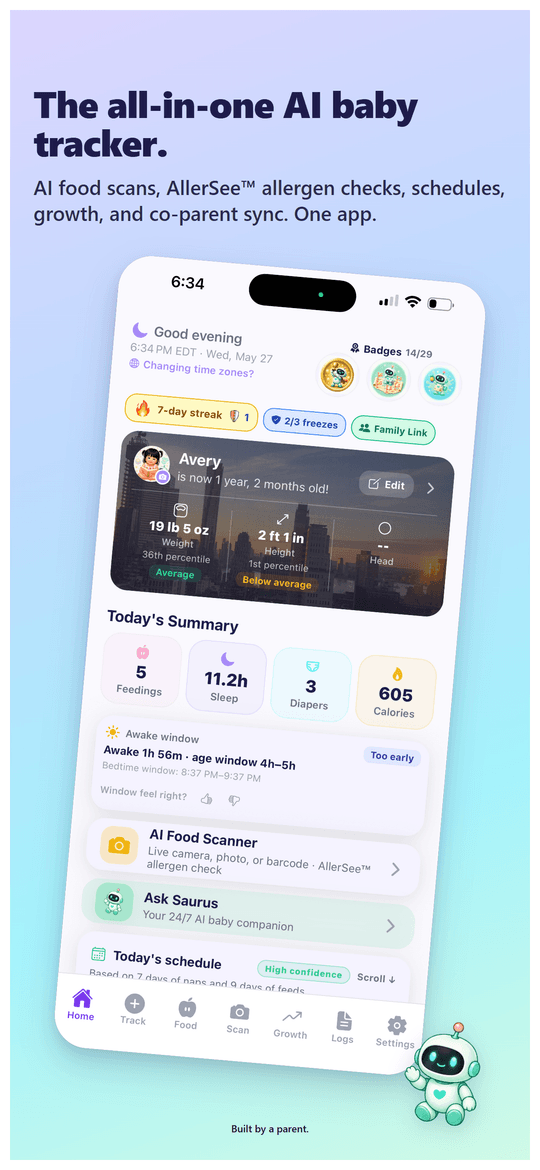 Baby Ledger AI home screen showing today's nutrients, recent feedings, and Saurus mascot