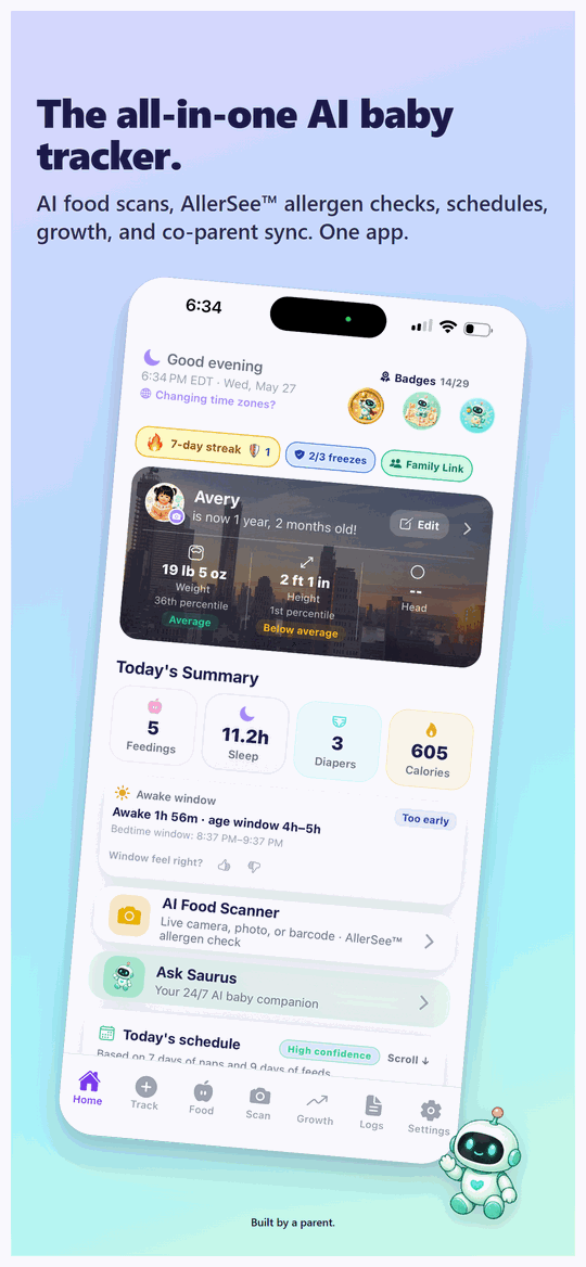 Baby Ledger AI home screen - the all-in-one AI baby tracker with today's summary, feedings, sleep, growth, and the Saurus mascot