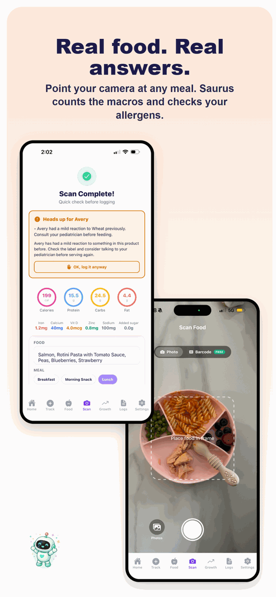 AI photo scan of a real meal showing the calorie and macro breakdown with an allergen check