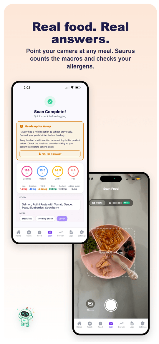 AI scanning a homemade meal in the camera, with the Scan Complete result showing macro breakdown and an allergen warning