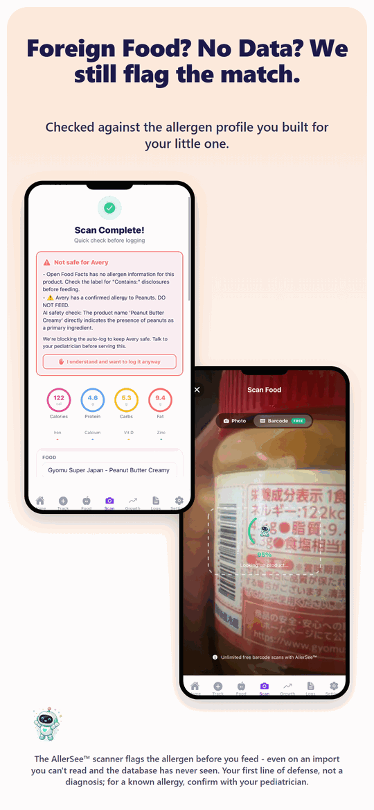 The AllerSee scanner on an imported product with no database record, prompting the parent to read the label