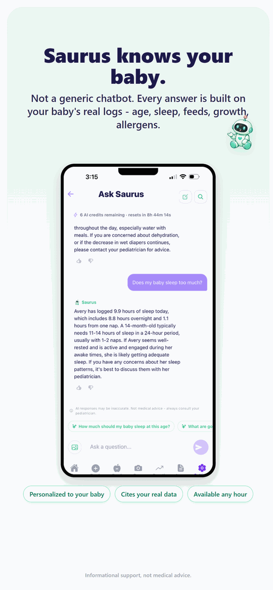 Saurus, the 24/7 AI baby companion, answering a parenting question personalized to your baby