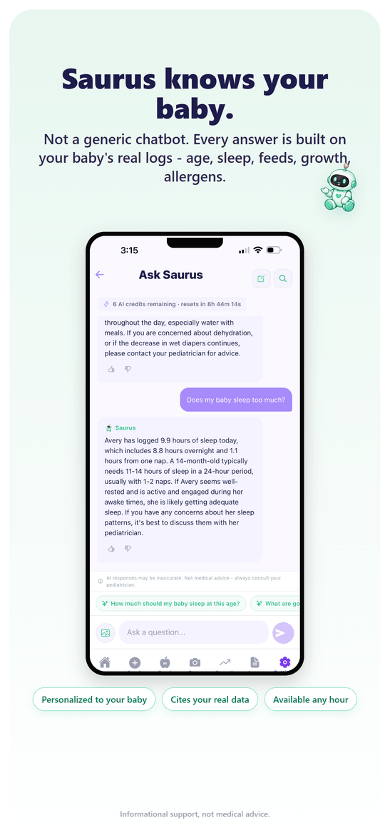 Saurus AI chat answering a parent question about teething