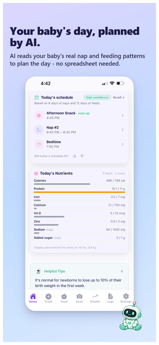 AI-generated daily schedule and today's nutrient summary for the baby