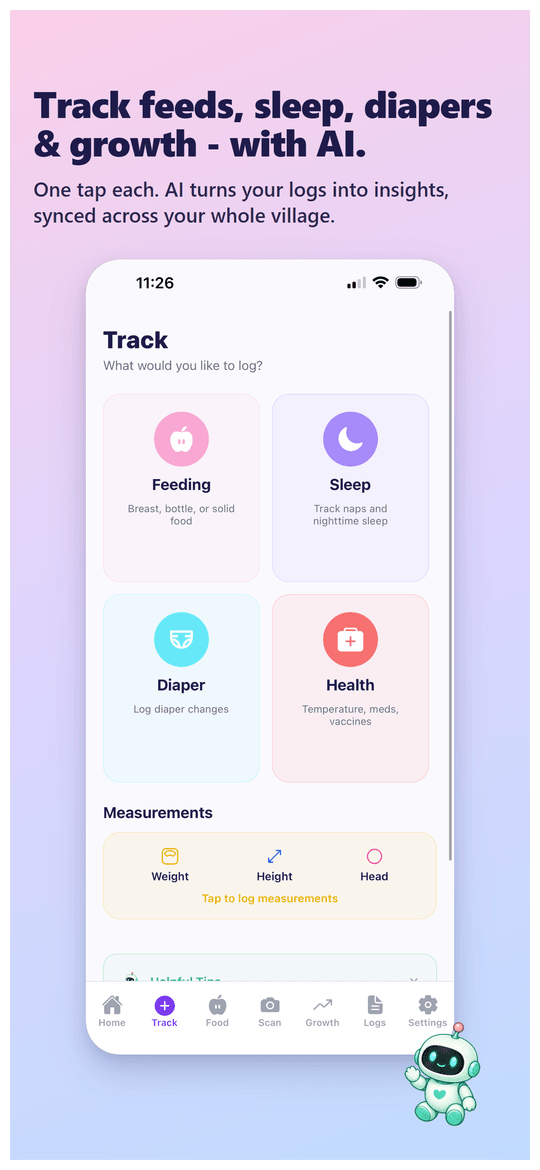 Quick-track screen with shortcuts for feeding, diaper, sleep, and food