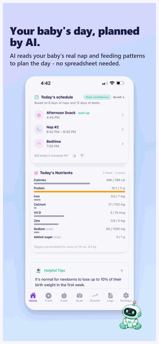 AI-built daily schedule with today's nutrient summary for the baby