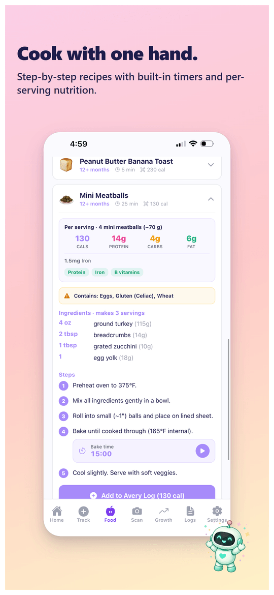 Easy recipe view with built-in cooking timer and nutrition macros