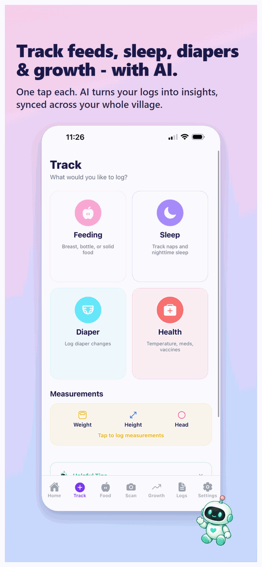 Quick-track shortcuts for feeding, diaper, sleep, growth, and food logging