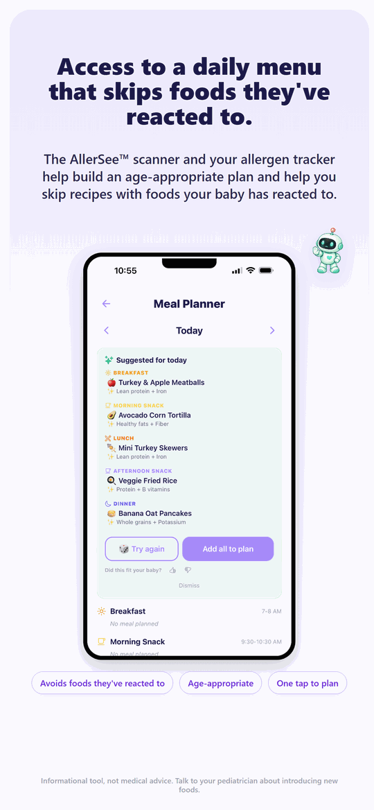 AI meal planner suggesting baby meals that avoid the allergens flagged on the baby's profile